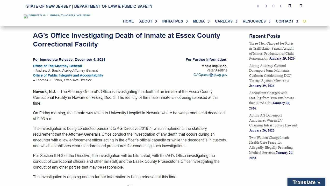 AG’s Office Investigating Death of Inmate at Essex County Correctional Facility - New Jersey Office of Attorney General